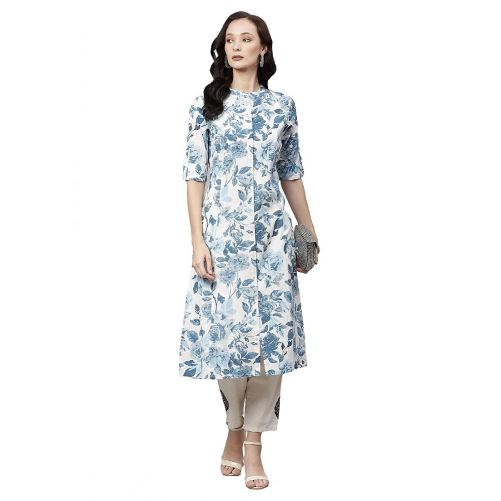 Women's Cotton Printed Floral Print Kurti (White, Blue, Cotton)