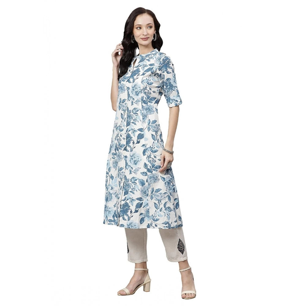 Women's Cotton Printed Floral Print Kurti (White, Blue, Cotton)