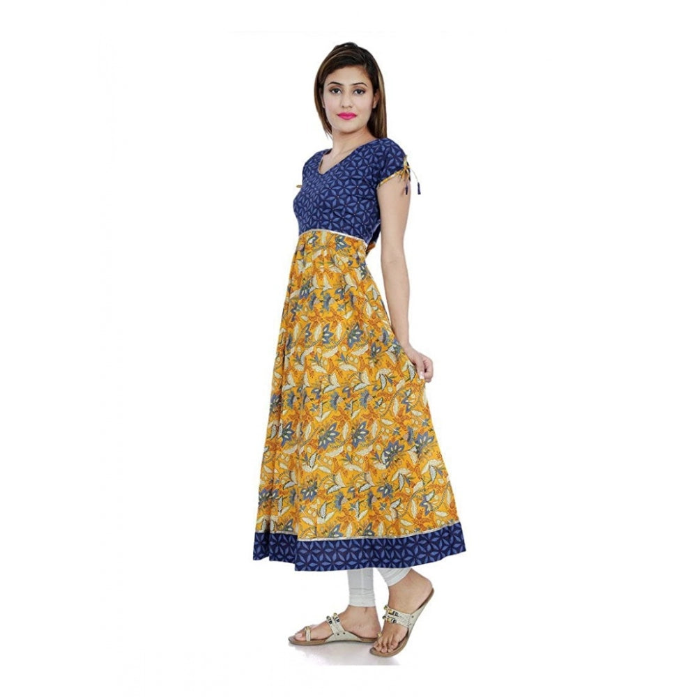 Women's Cotton Printed Long Kurti (Mustard, Blue, Cotton)