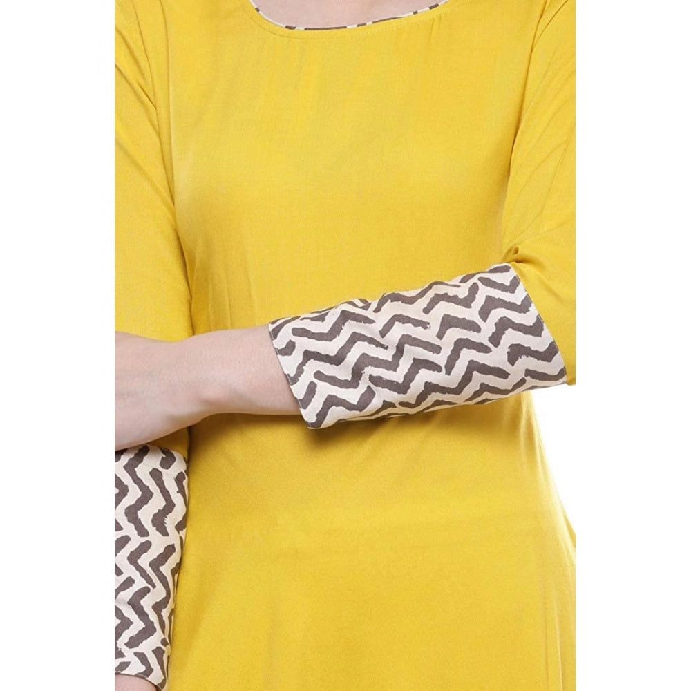 Women's Rayon Printed Solid Anarkali Kurti (Yellow, Rayon)