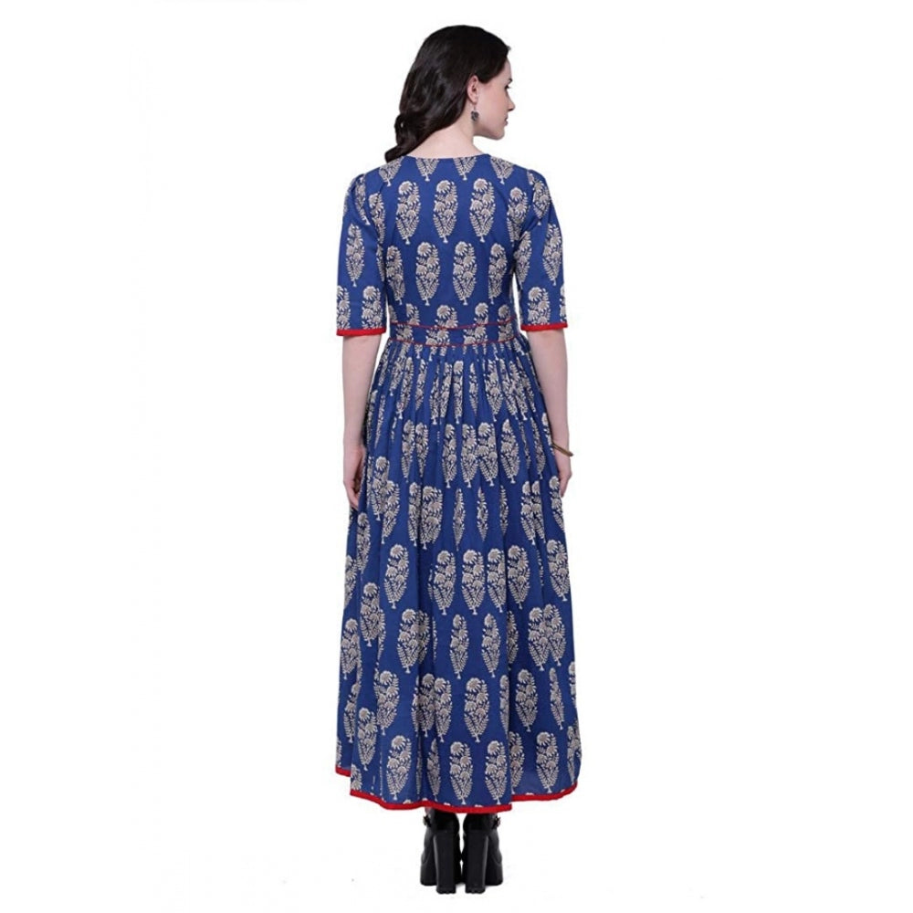 Women's Cotton Printed Anarkali Kurti (Blue, Cotton)