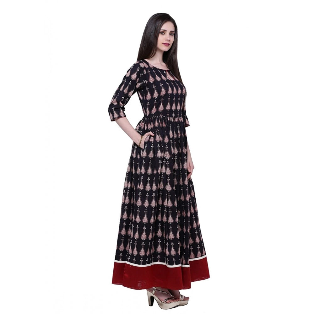 Women's Cotton Printed Anarkali Kurti (Black, Cotton)