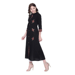 Women's Khadi Printed A Line Kurti  (Black, Khadi)