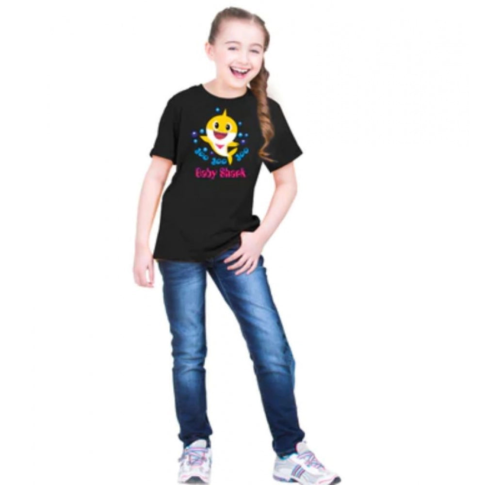 Girls Cotton Baby Shark Half Sleeve TShirt (Black)