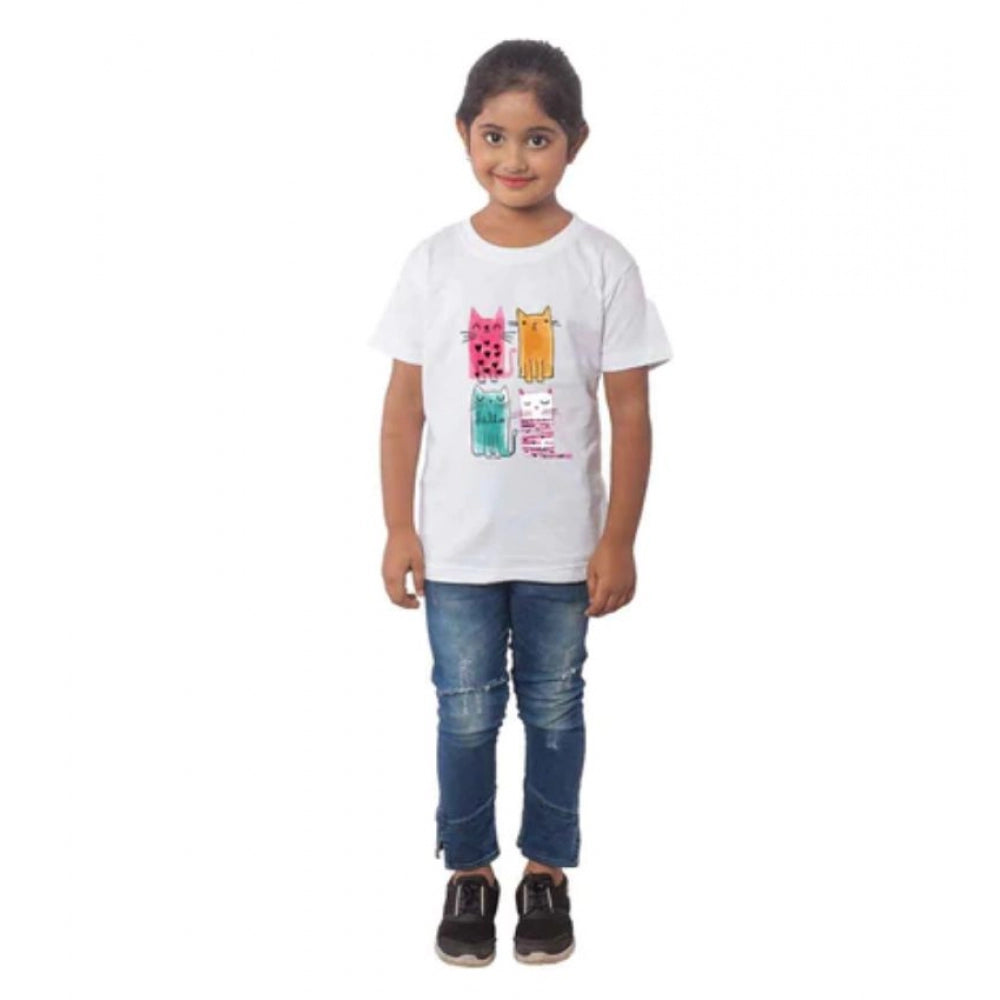 Girls Cotton Cat Half Sleeve TShirt (White)