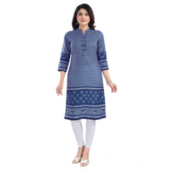 3/4th Sleeve Cotton Blend Tunic Long Kurti (Blue)