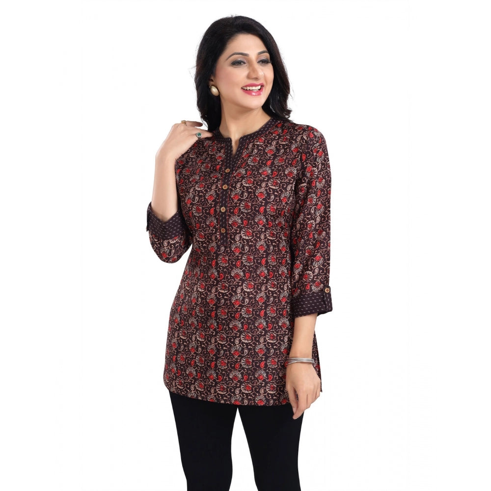 3/4th Sleeve Viscose Blend Tunic Short Top (Brown)