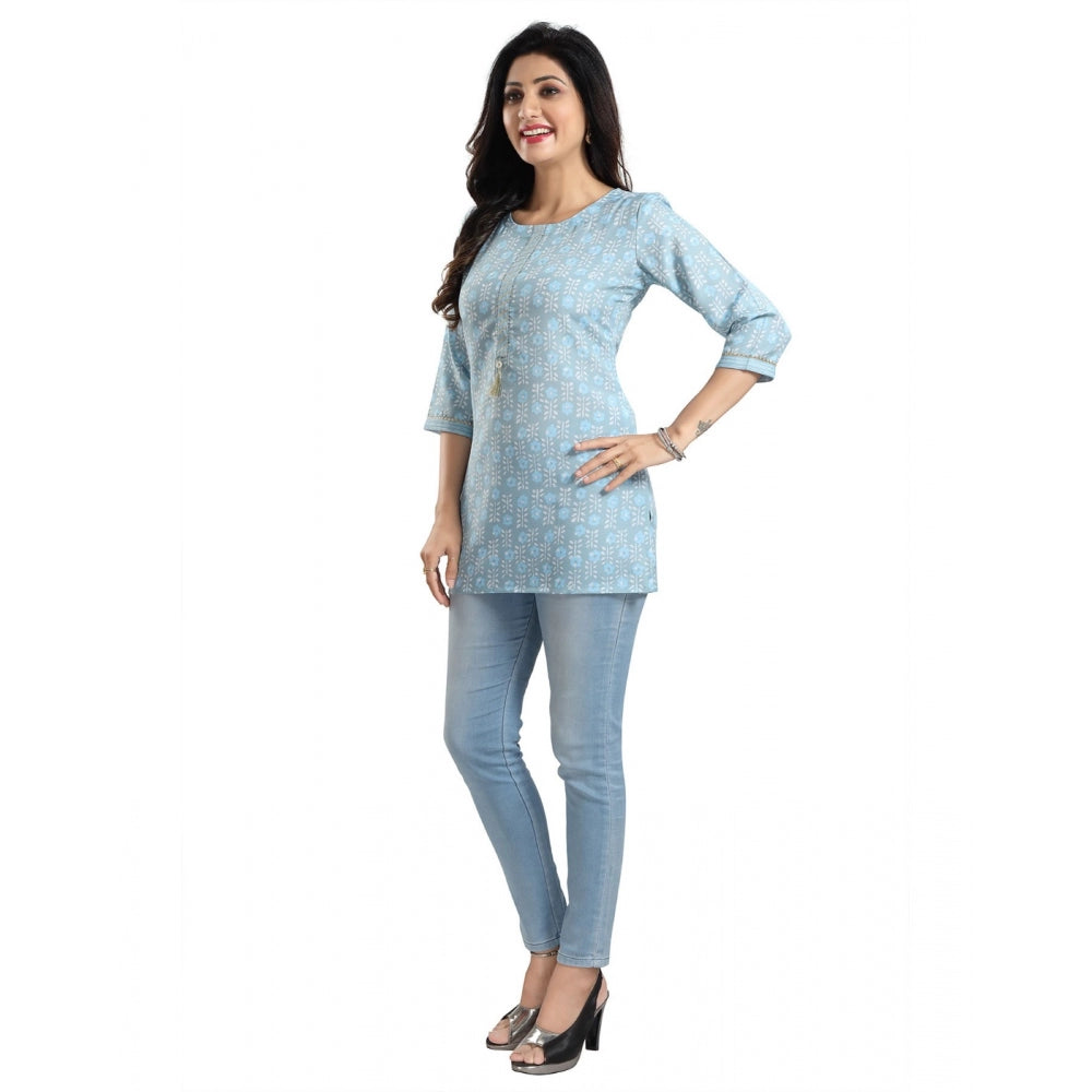 3/4th Sleeve Viscose Blend Tunic Short Top (Blue)