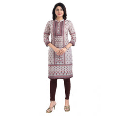 3/4th Sleeve Cotton Blend Tunic Long Kurti (Beige)