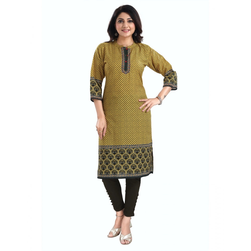 3/4th Sleeve Cotton Blend Tunic Long Kurti (Yellow)