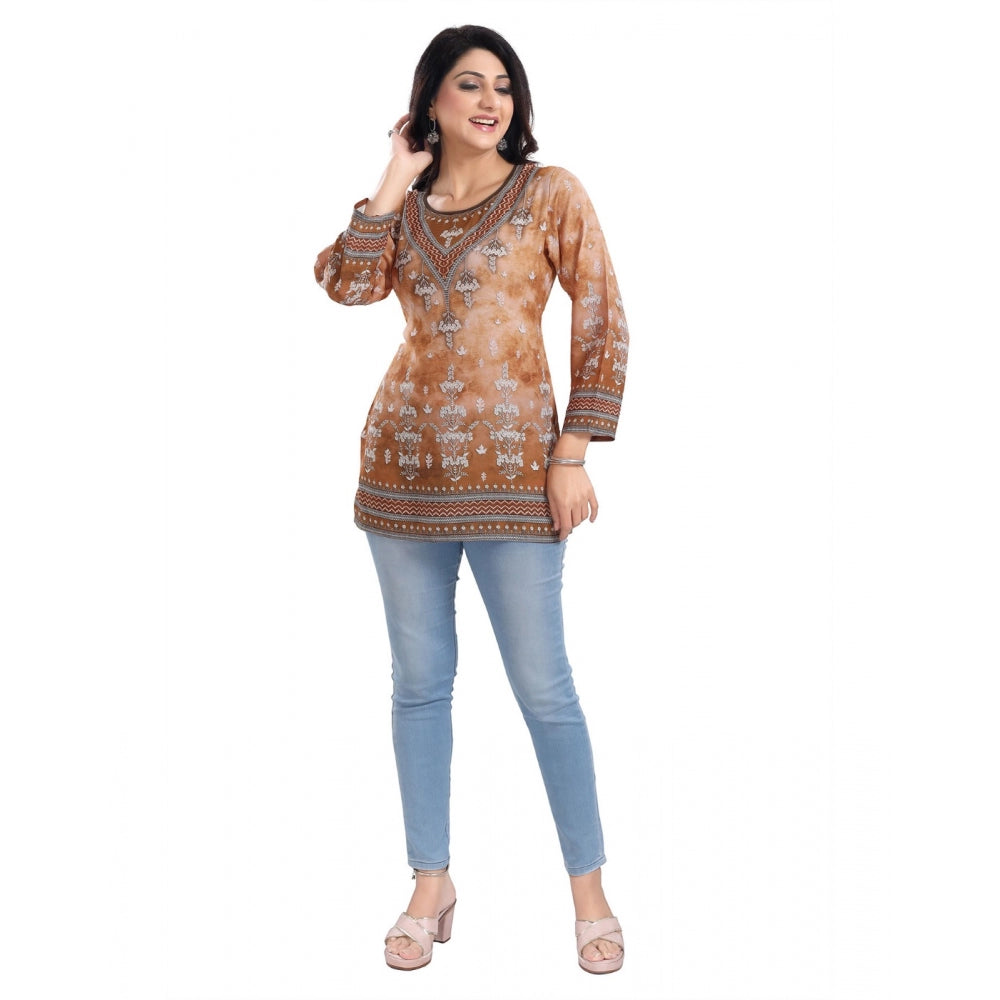 3/4th Sleeve Faux Crepe Tunic Short Top (Light Brown)