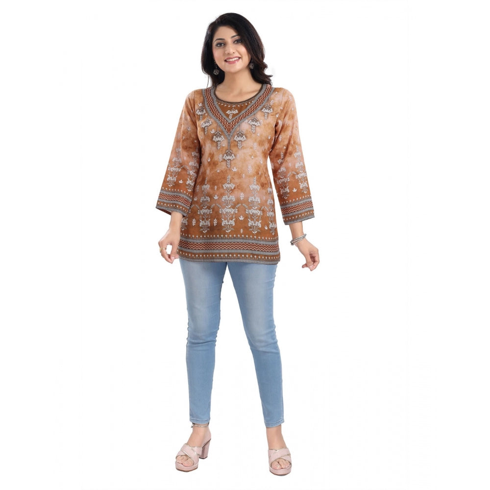 3/4th Sleeve Faux Crepe Tunic Short Top (Light Brown)