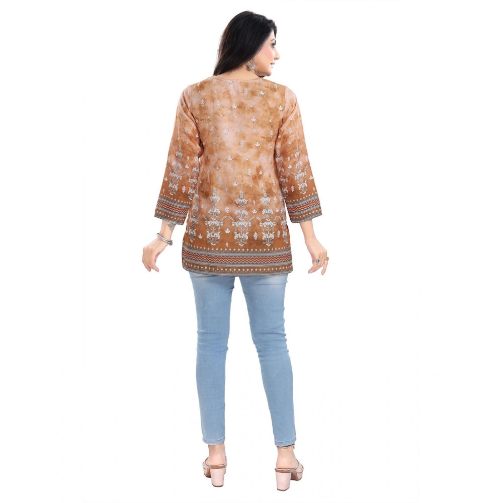 3/4th Sleeve Faux Crepe Tunic Short Top (Light Brown)