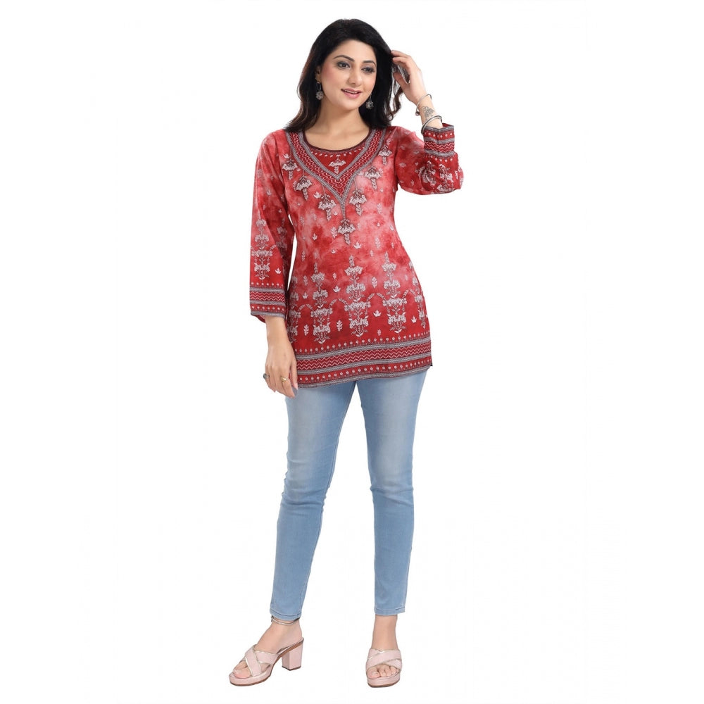 3/4th Sleeve Faux Crepe Tunic Short Top (Red)