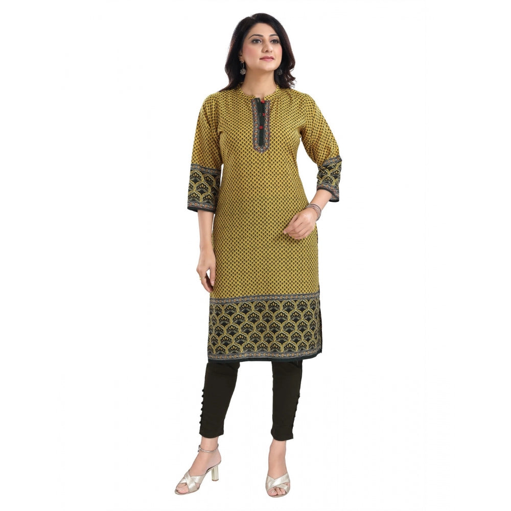 3/4th Sleeve Cotton Blend Tunic Long Kurti (Yellow)