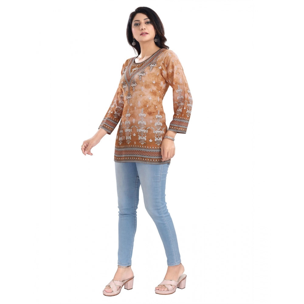 3/4th Sleeve Faux Crepe Tunic Short Top (Light Brown)