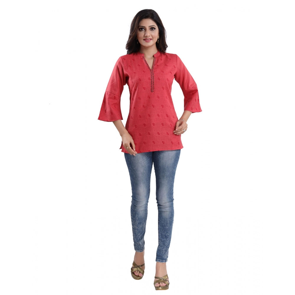 3/4th Sleeve Polyester Blend Tunic Short Top (Red)