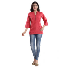 3/4th Sleeve Polyester Blend Tunic Short Top (Red)