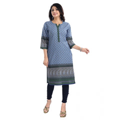 3/4th Sleeve Cotton Blend Tunic Long Kurti (Blue)