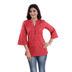 3/4th Sleeve Polyester Blend Tunic Short Top (Red)