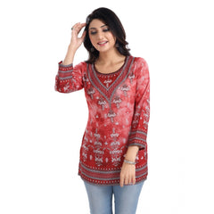 3/4th Sleeve Faux Crepe Tunic Short Top (Red)