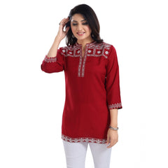 3/4th Sleeve Viscose Tunic Short Top (Red)