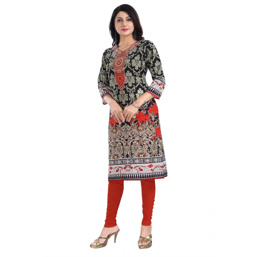 3/4th Sleeve Cotton Blend Tunic Long Kurti (Black)