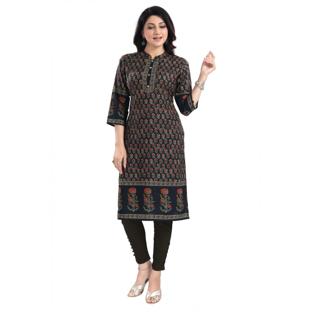 3/4th Sleeve Cotton Blend Tunic Long Kurti (Black)