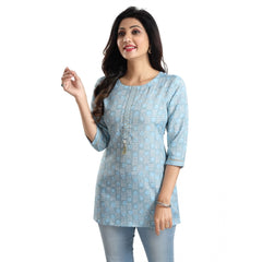 3/4th Sleeve Viscose Blend Tunic Short Top (Blue)