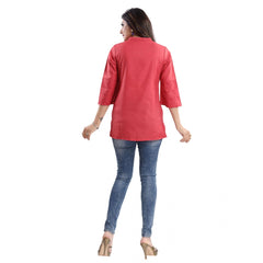 3/4th Sleeve Polyester Blend Tunic Short Top (Red)