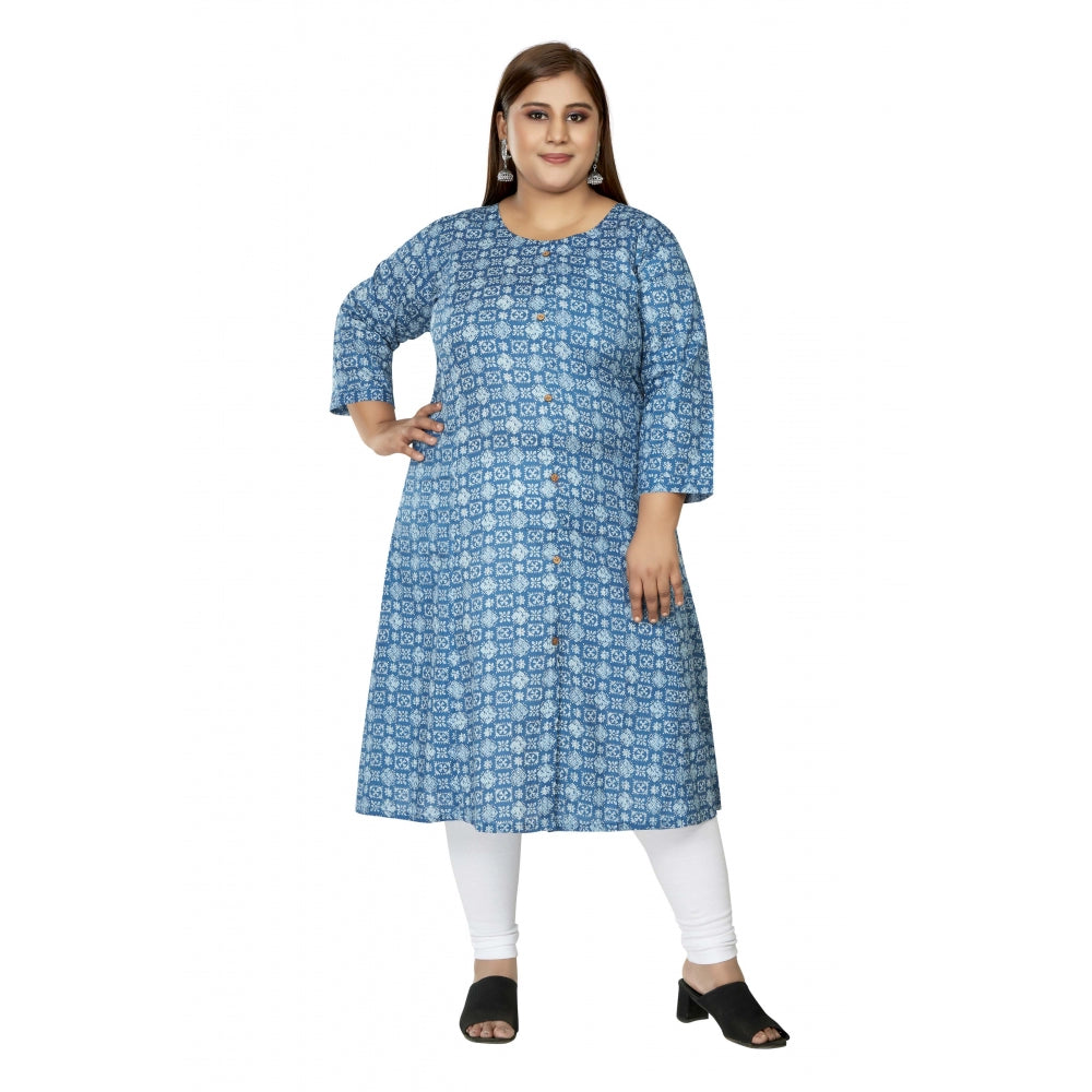 Women's Casual 3/4th Sleeve Regular Printed Pure Cotton Prince Cut A-Line Kurti (Blue)