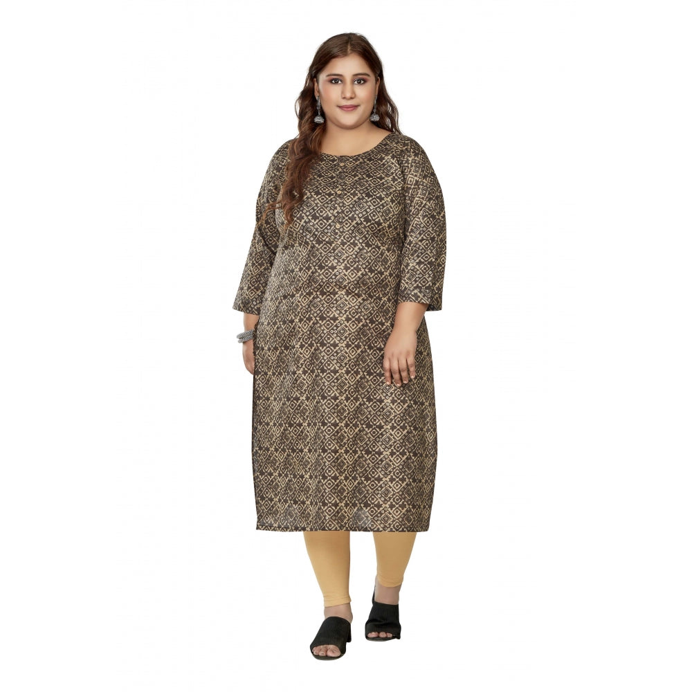 Women's Casual 3/4th Sleeve Golden Foil Printed Capsule Cotton Straight Kurti (Brown)