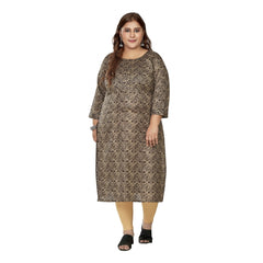 Women's Casual 3/4th Sleeve Golden Foil Printed Capsule Cotton Straight Kurti (Brown)