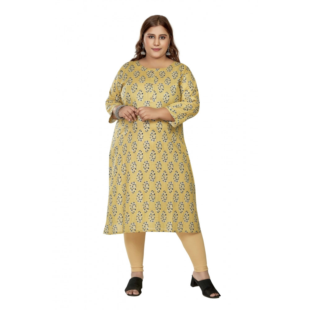 Women's Casual 3/4th Sleeve Golden Foil Printed Pure Cotton Straight Kurti (Light Yellow)