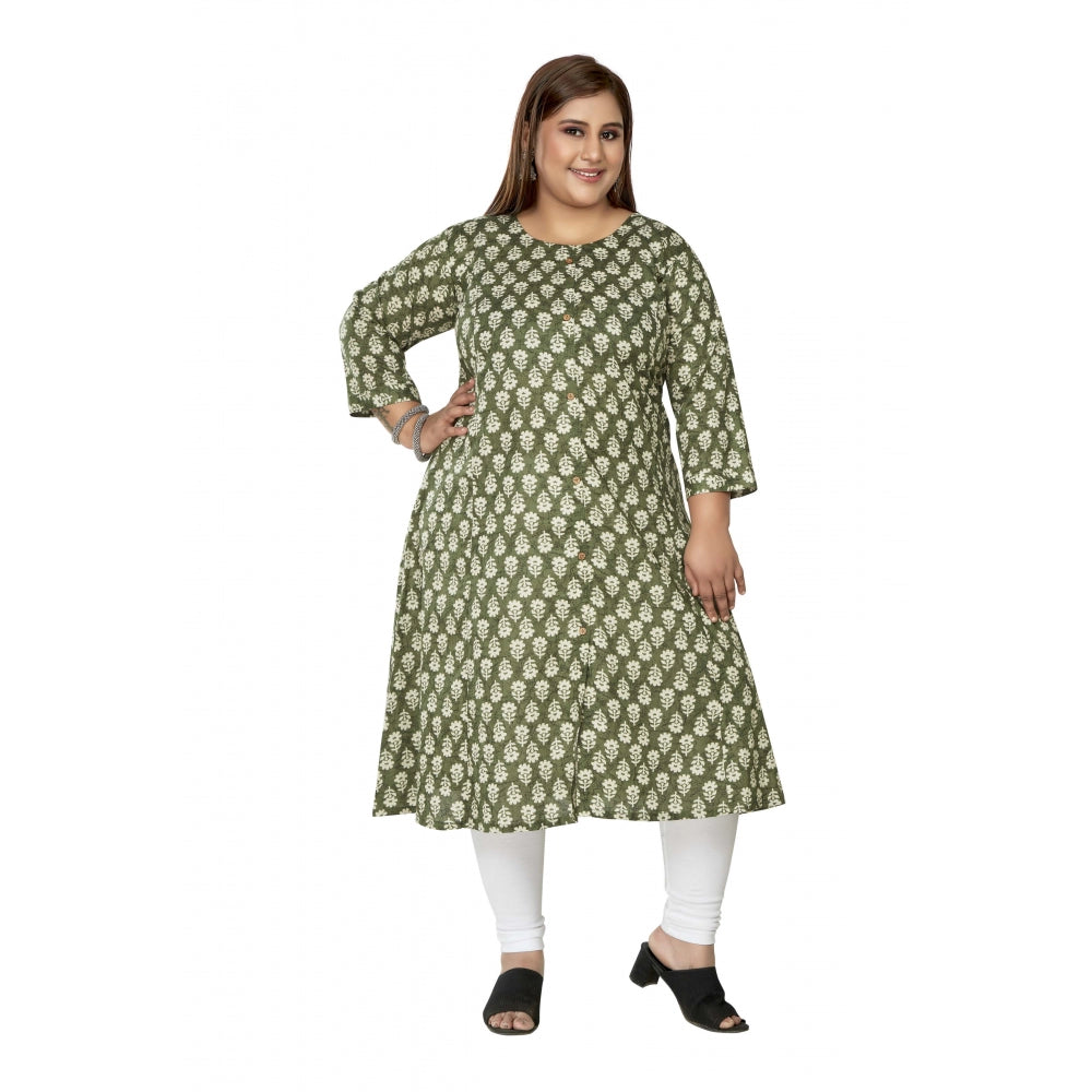 Women's Casual 3/4th Sleeve Printed Pure Cotton Prince Cut A-Line Kurti (Green)