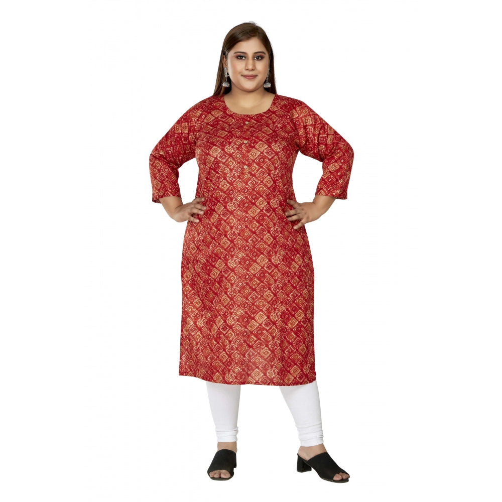 Women's Casual 3/4th Sleeve Golden Foil Printed Capsule Cotton Straight Kurti (Red)