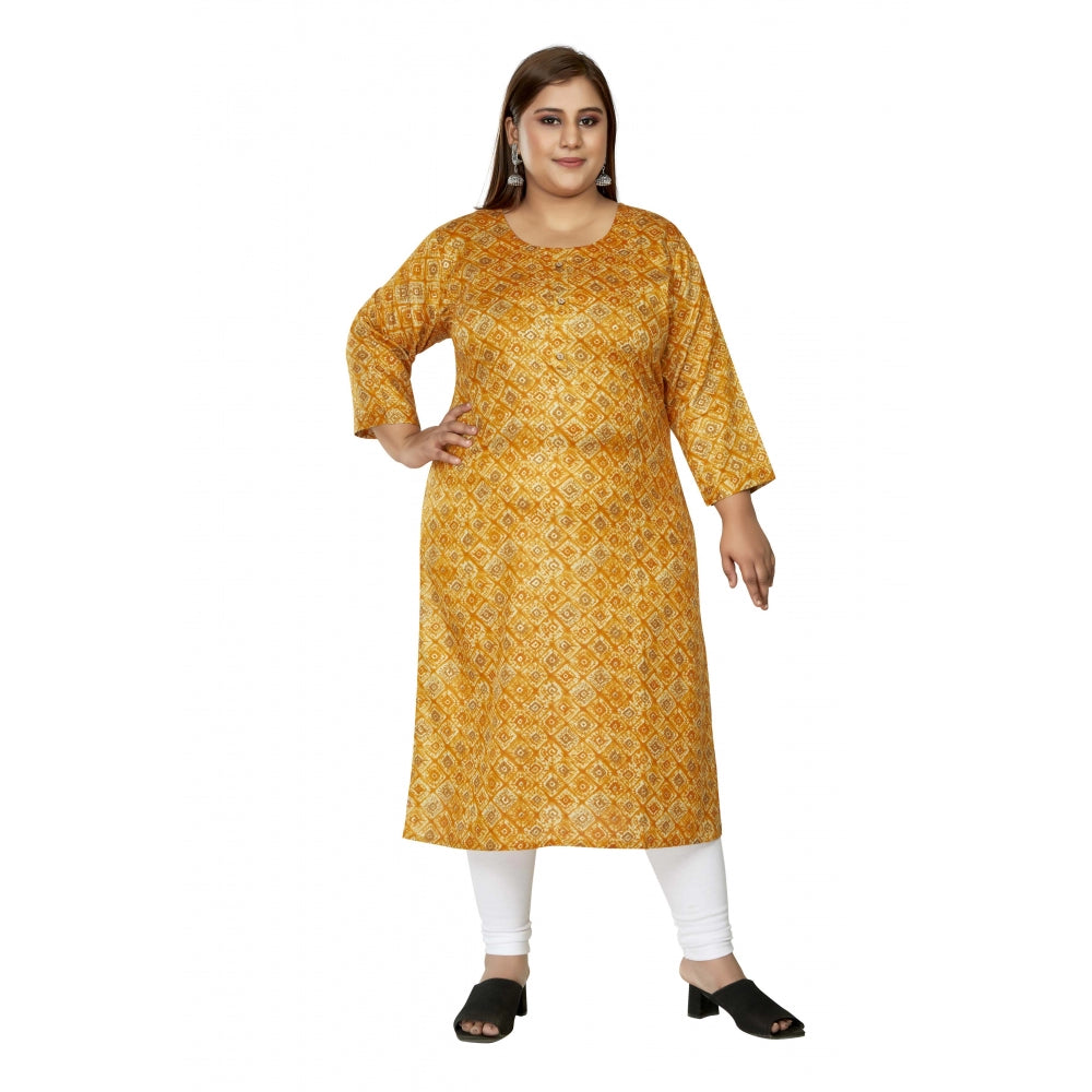 Women's Casual 3/4th Sleeve Golden Foil Printed Capsule Cotton Straight Kurti (Yellow)