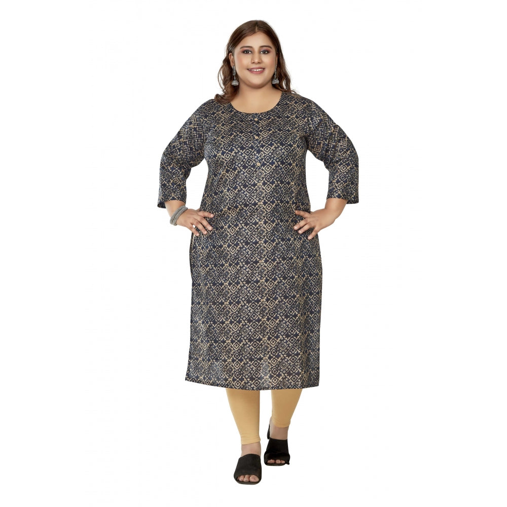 Women's Casual 3/4th Sleeve Golden Foil Printed Capsule Cotton Straight Kurti (Navy Blue)