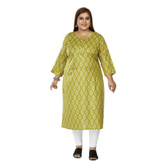 Women's Casual 3/4th Sleeve Ikkat Printed Pure Cotton Straight Kurti (Pista Green)