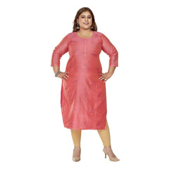 Women's Casual 3/4th Sleeve Mirror Embroidered Rayon Straight Kurti (Pink)