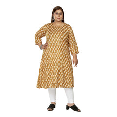 Women's Casual 3/4th Sleeve Printed Pure Cotton Prince Cut A-Line Kurti (Mustard)