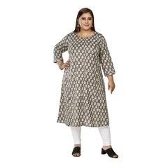 Women's Casual 3/4th Sleeve Printed Pure Cotton Prince Cut A-Line Kurti (Grey)