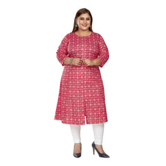 Women's Casual 3/4th Sleeve Regular Printed Pure Cotton Prince Cut A-Line Kurti (Pink)