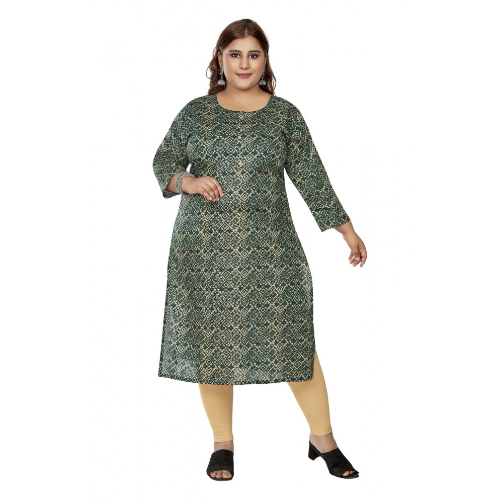 Women's Casual 3/4th Sleeve Golden Foil Printed Capsule Cotton Straight Kurti (Dark Green)