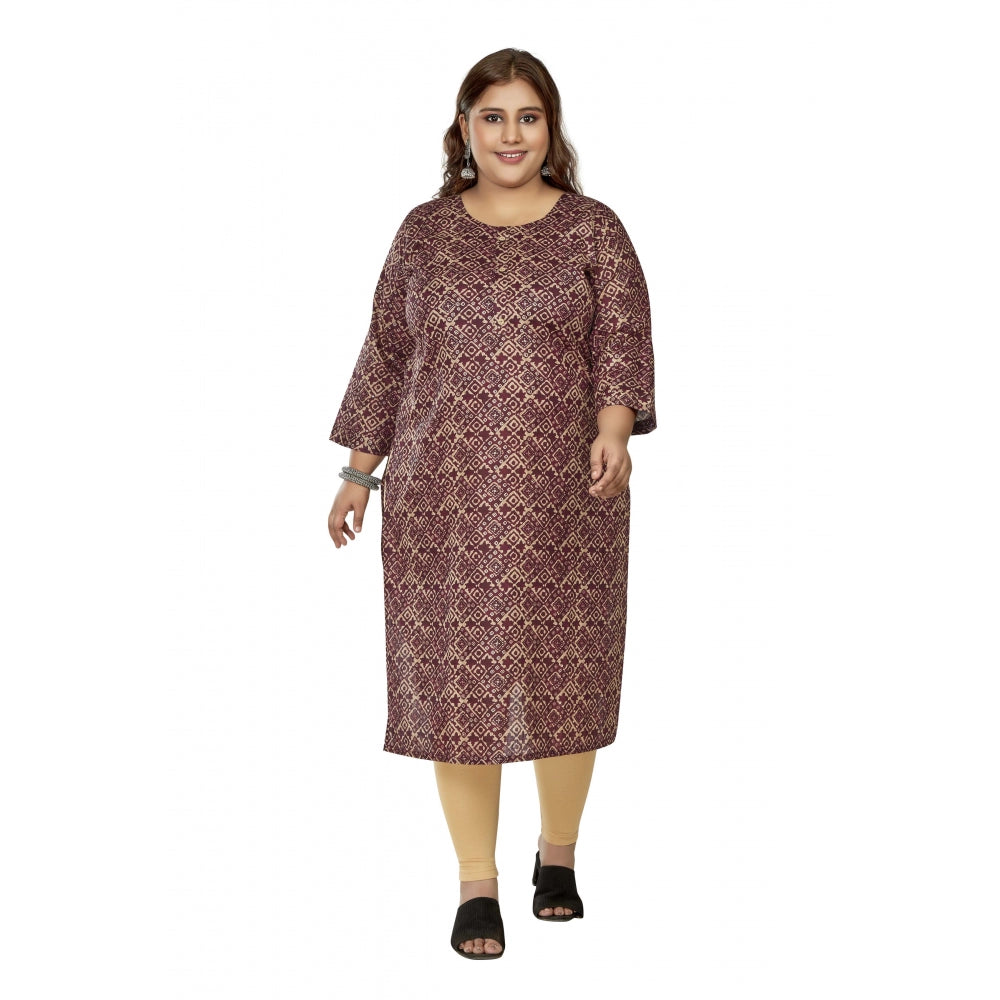 Women's Casual 3/4th Sleeve Golden Foil Printed Capsule Cotton Straight Kurti (Maroon)