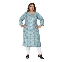 Women's Casual 3/4th Sleeve Golden Foil Printed Rayon Straight Kurti (Blue)