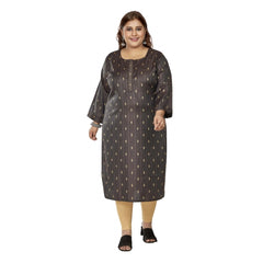 Women's Casual 3/4th Sleeve Golden Embroidered Cotton Mix Straight Kurti (Dark Grey)