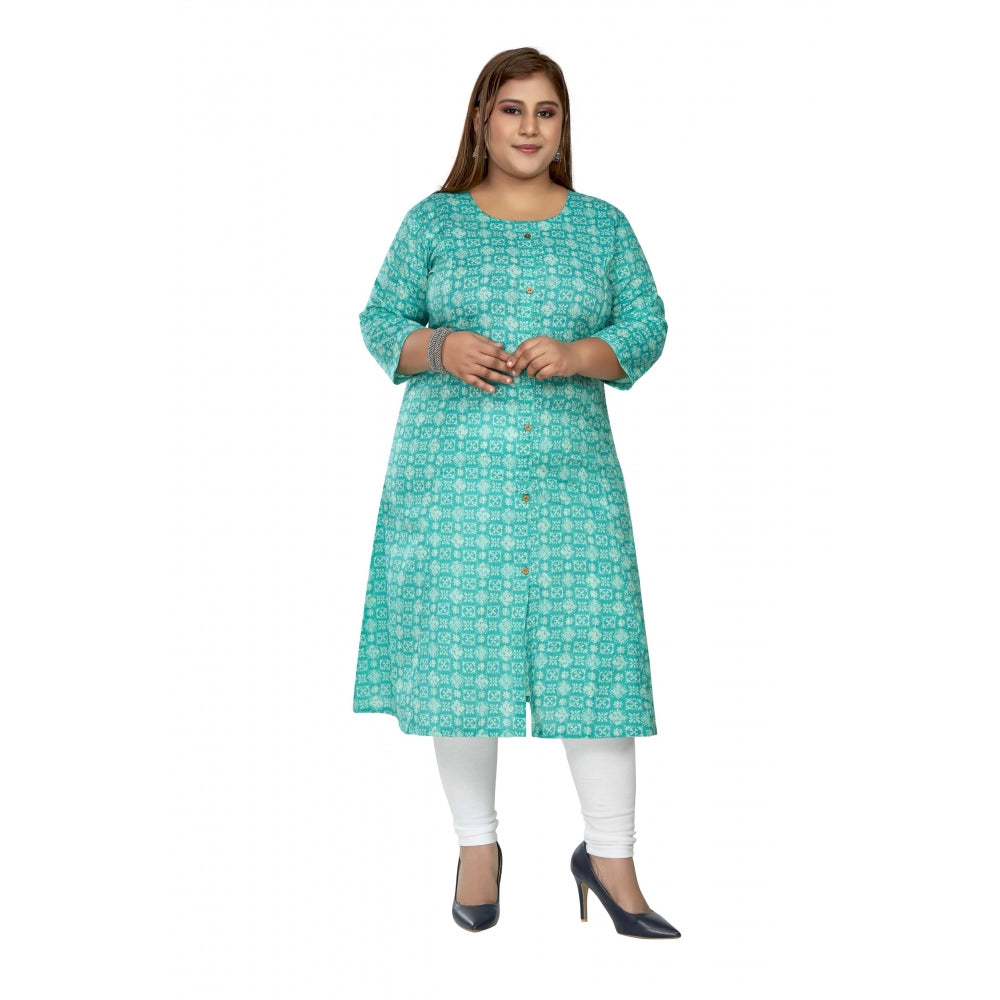 Women's Casual 3/4th Sleeve Regular Printed Pure Cotton Prince Cut A-Line Kurti (Turquoise)