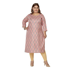 Women's Casual 3/4th Sleeve Golden Foil Printed Pure Cotton Straight Kurti (Coral Pink)