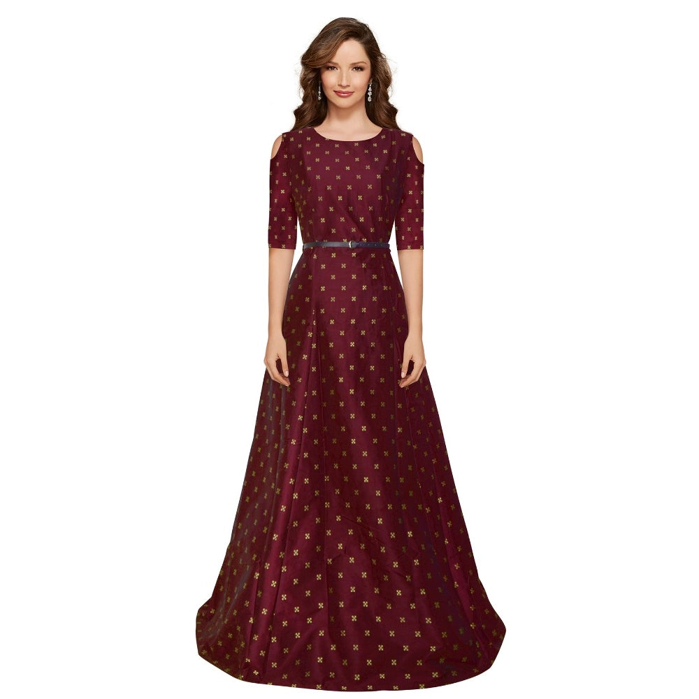 Women's Jquared with Taffeta Silk Western Wear Flare Long Gown (Maroon)